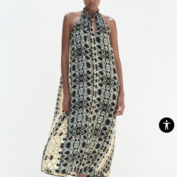 NEW Zara Womens Printed Flowy Halter Dress XS Earth Tone Midi Forest Indie - Picture 1 of 7